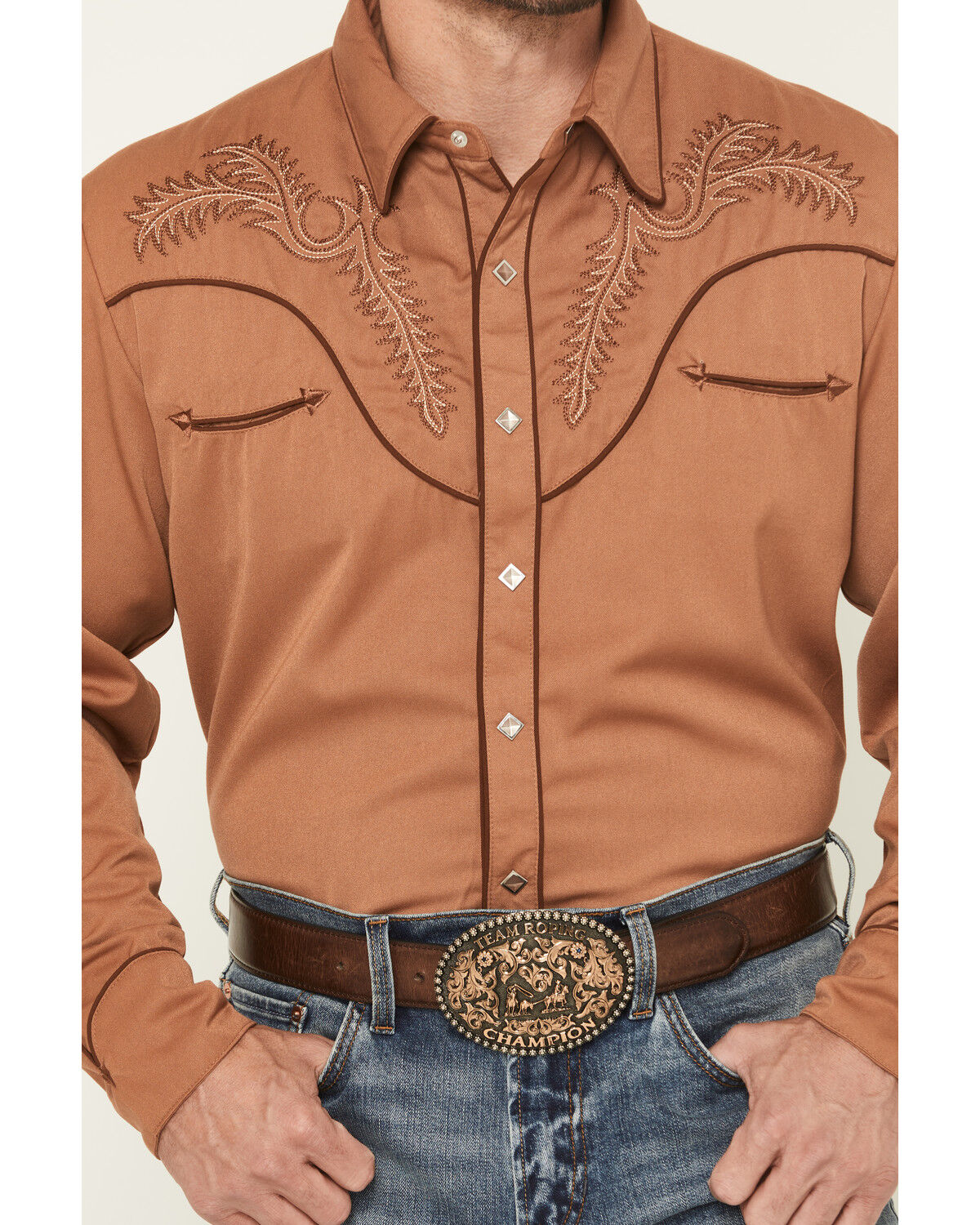 Image #3 - Scully Men's Embroidered Long Sleeve Snap Western Shirt - Big, Brown, hi-res