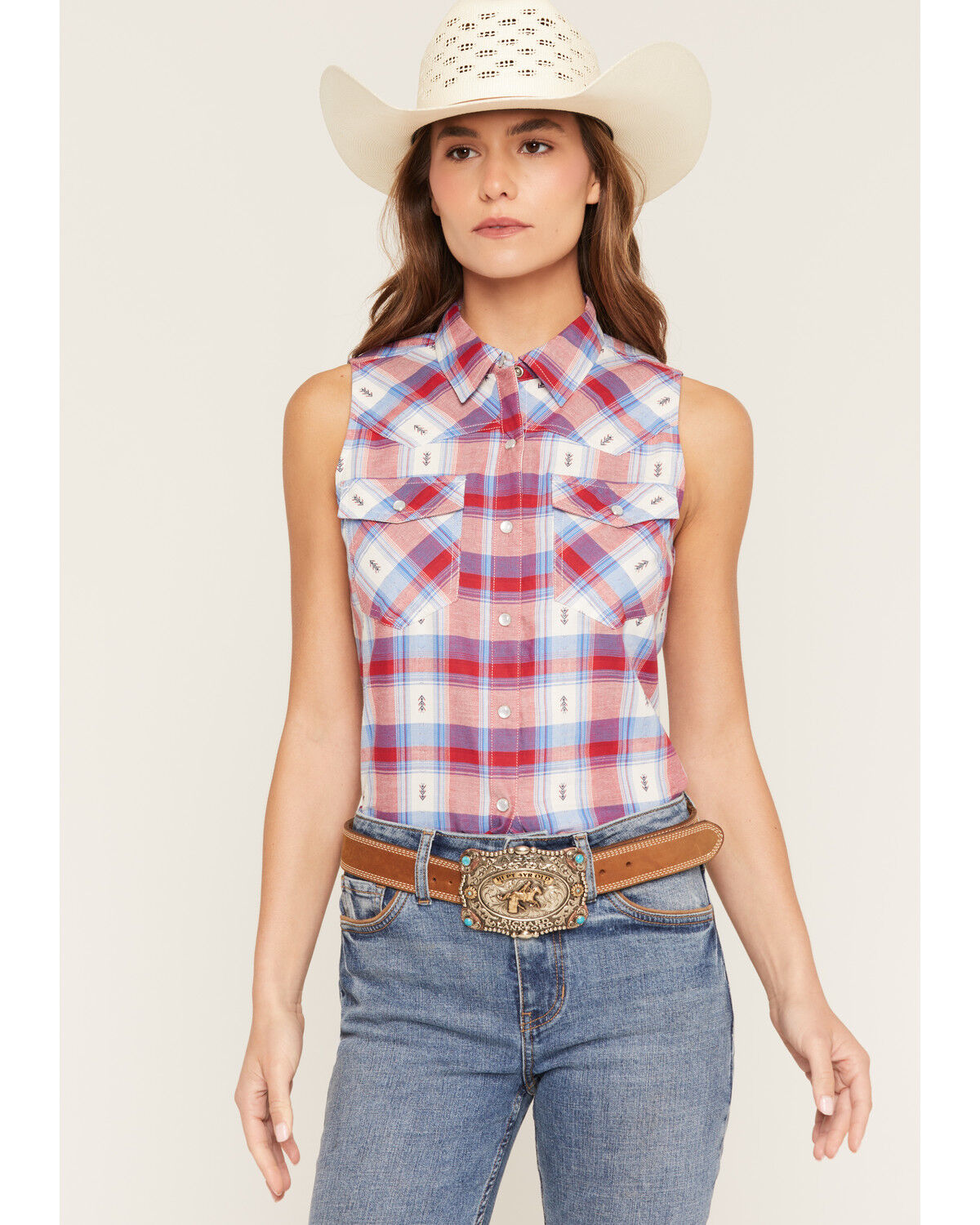 Image #1 - Shyanne Women's Rushmore Dobby Plaid Print Sleeveless Snap Western Shirt, Red/white/blue, hi-res