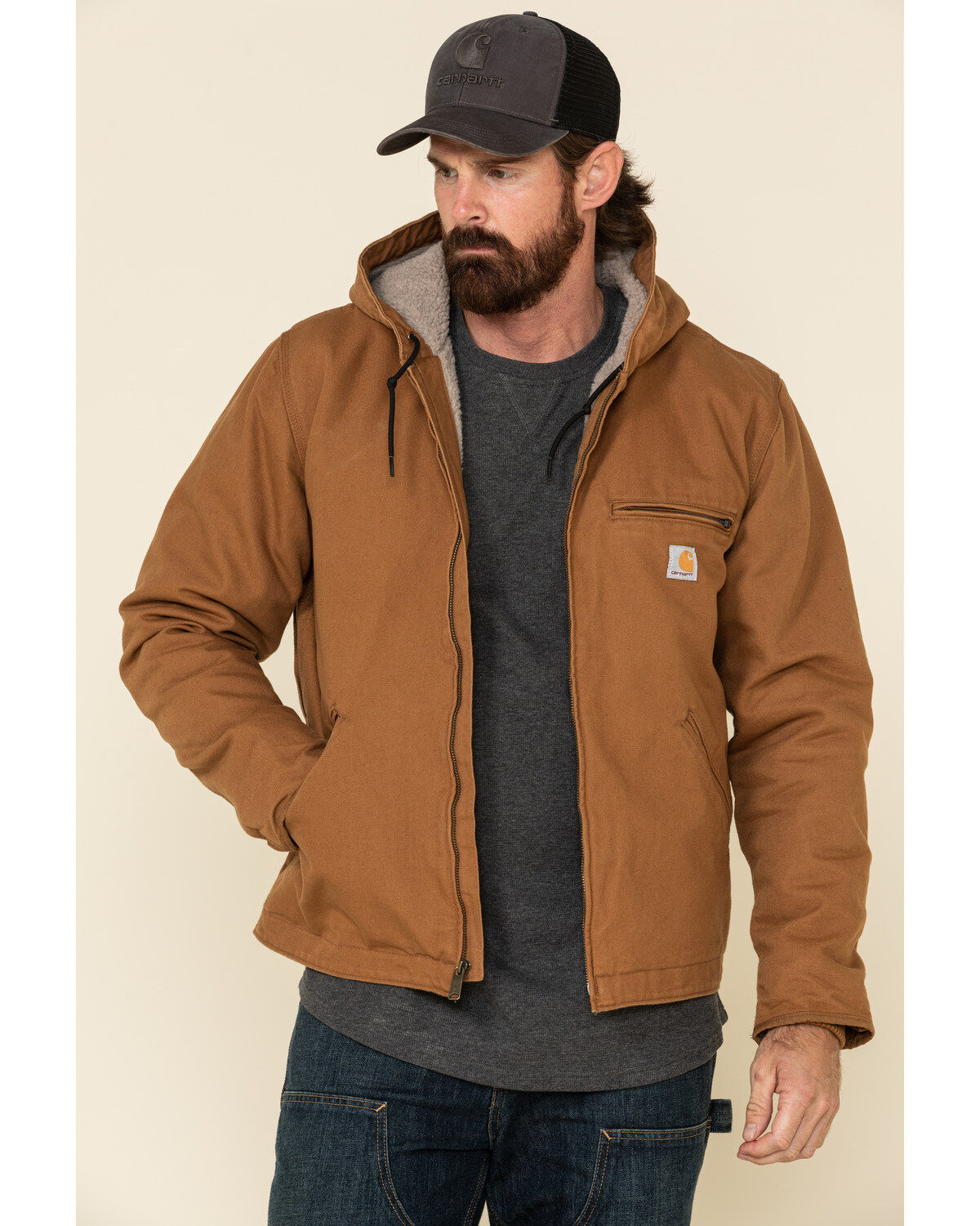 Carhartt Men's Washed Duck Sherpa-Lined Zip-Front Work Hooded Jacket - Tall, Brown, hi-res