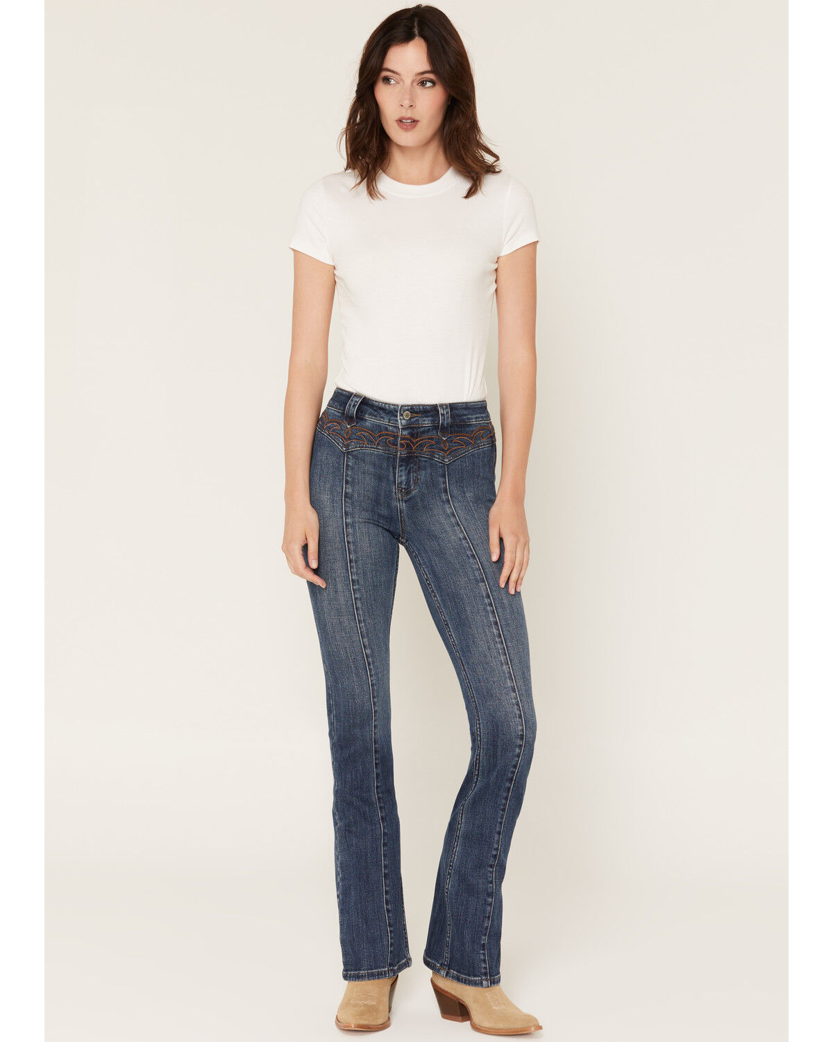 Image #1 - Idyllwind Women's Legend High Rise Eastview Bootstitch Yoke Flare Stretch Denim Jeans, Medium Dark Wash, hi-res