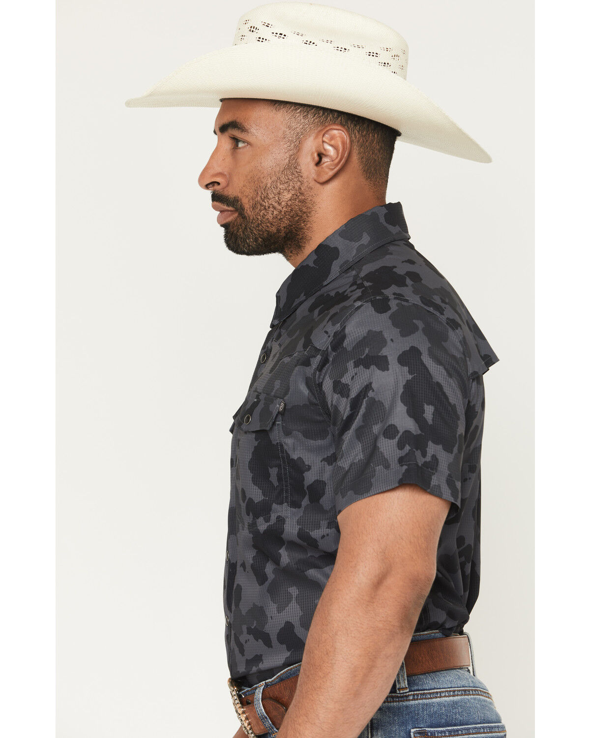 Image #2 - Rock & Roll Denim Men's Tek Camo Print Short Sleeve Snap Stretch Western Shirt, Black, hi-res