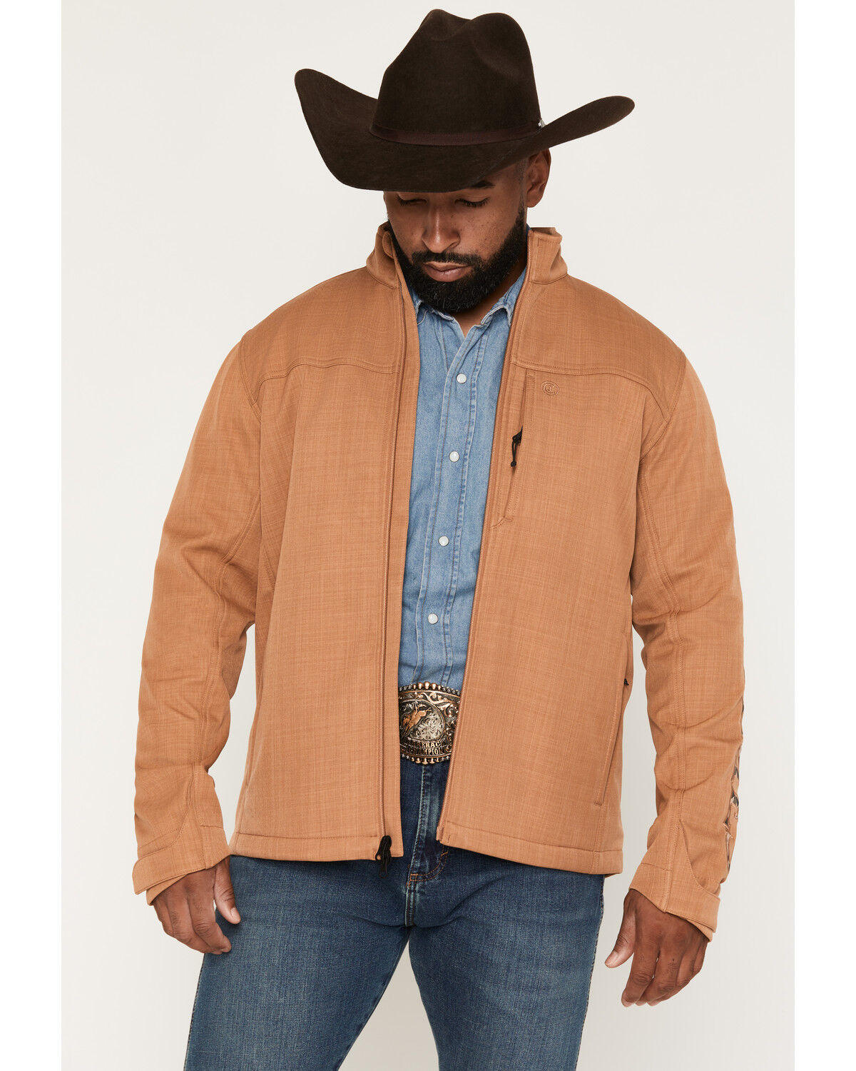 Image #1 - Cody James Men's Tulsa Textured Logo Softshell Jacket, Tan, hi-res
