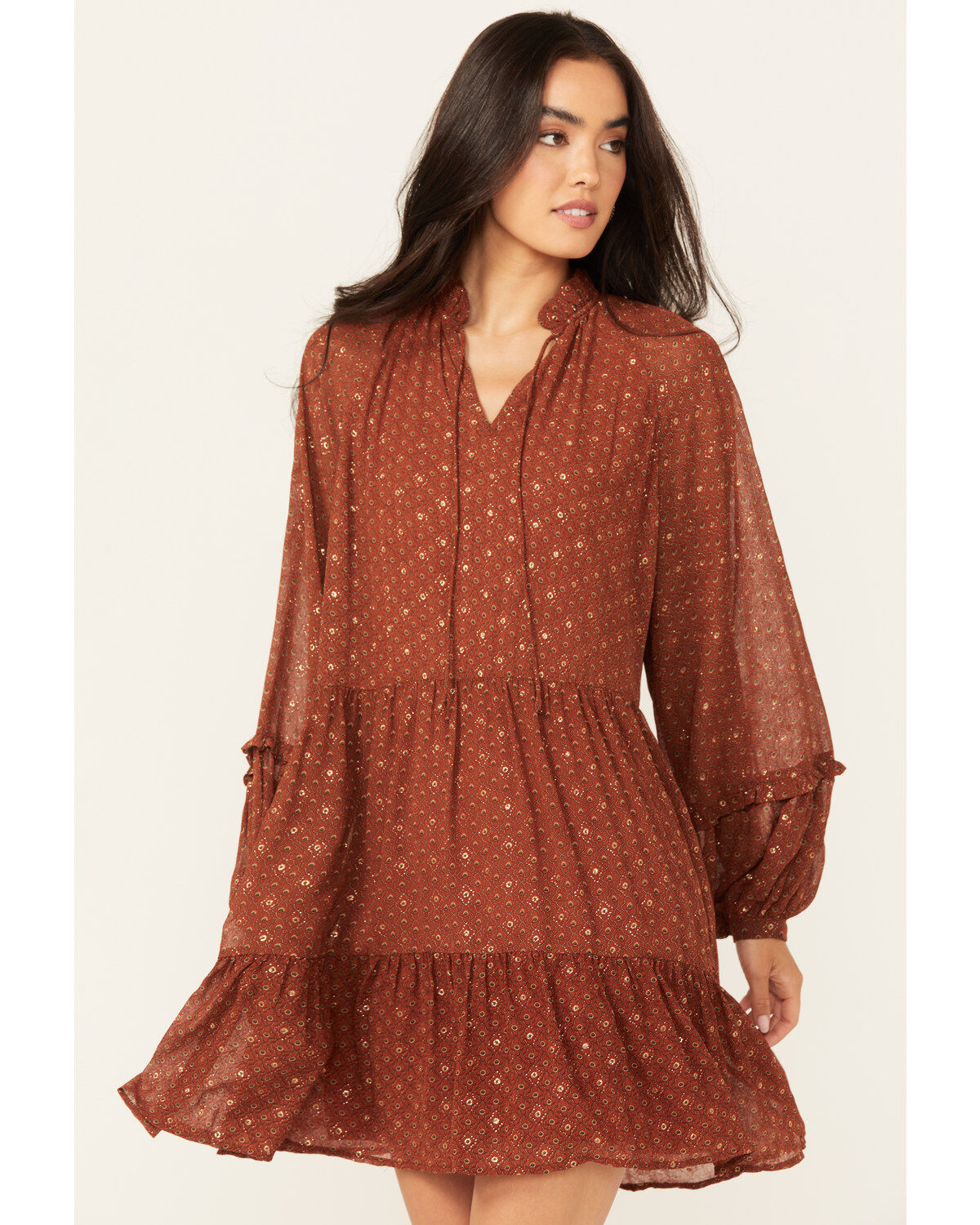 Image #1 - Molly Bracken Women's Long Sleeve Peasant Mini Dress, Rust Copper, hi-res
