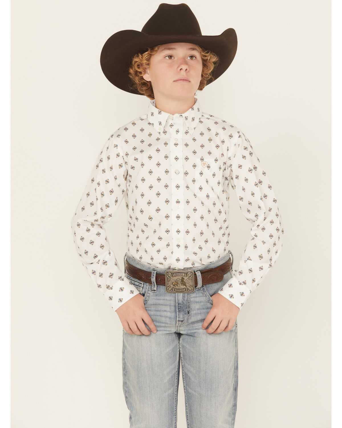Ariat Boys' Classic Geo Print Long Sleeve Button-Down Western Shirt, White, hi-res