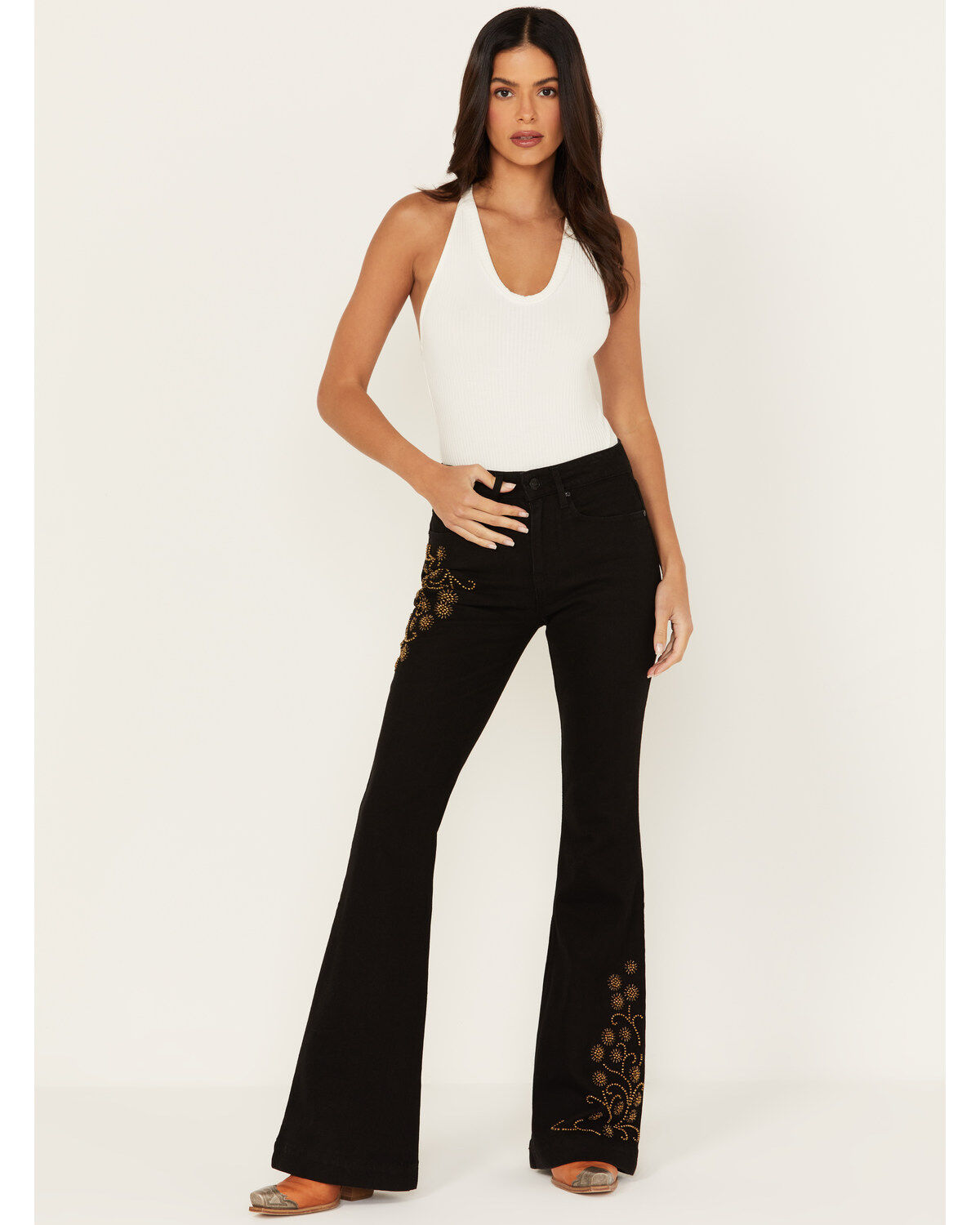 Shyanne Women's Sand Palm High Rise Embellished Flare Jeans, Black, hi-res