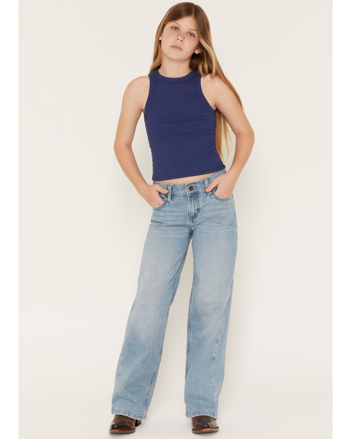 Wrangler Girls' Light Wash Carla Wide Leg Stretch Denim Jeans, Light Wash, hi-res