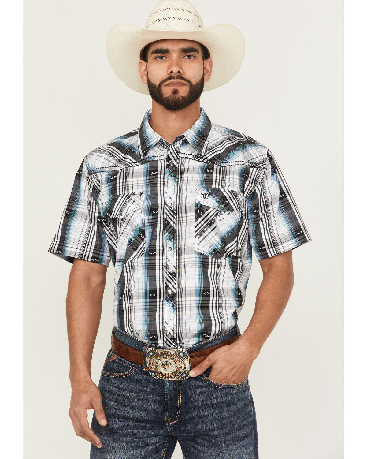 Cowboy Hardware Men's Plaid Print Short Sleeve Snap Western Shirt, White, hi-res