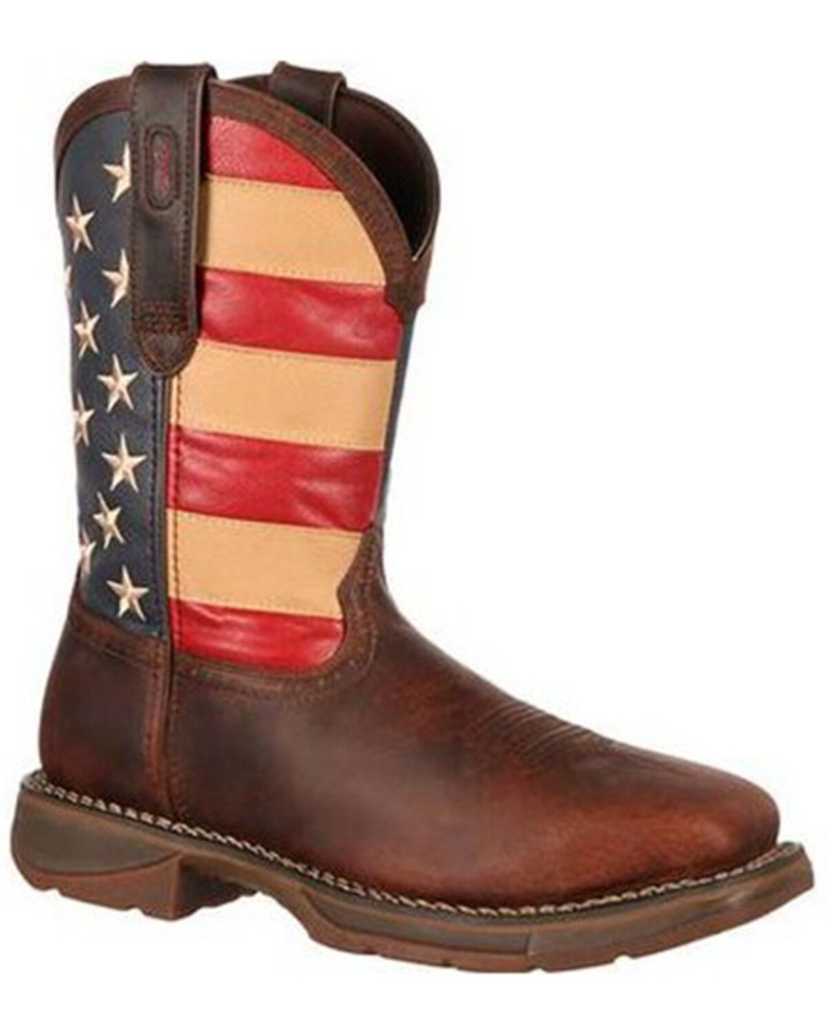 Rebel by Durango Men's Steel Toe American Flag Western Work Boots, Brown, hi-res