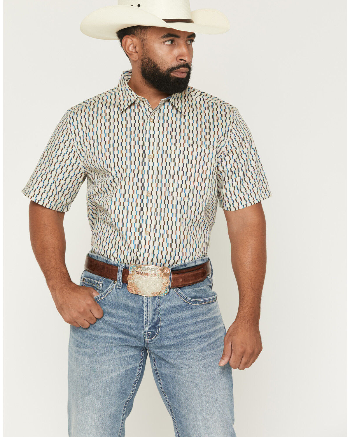 Image #1 - Gibson Trading Co Men's Boxer Geo Print Short Sleeve Button-Down Western Shirt, Cream, hi-res