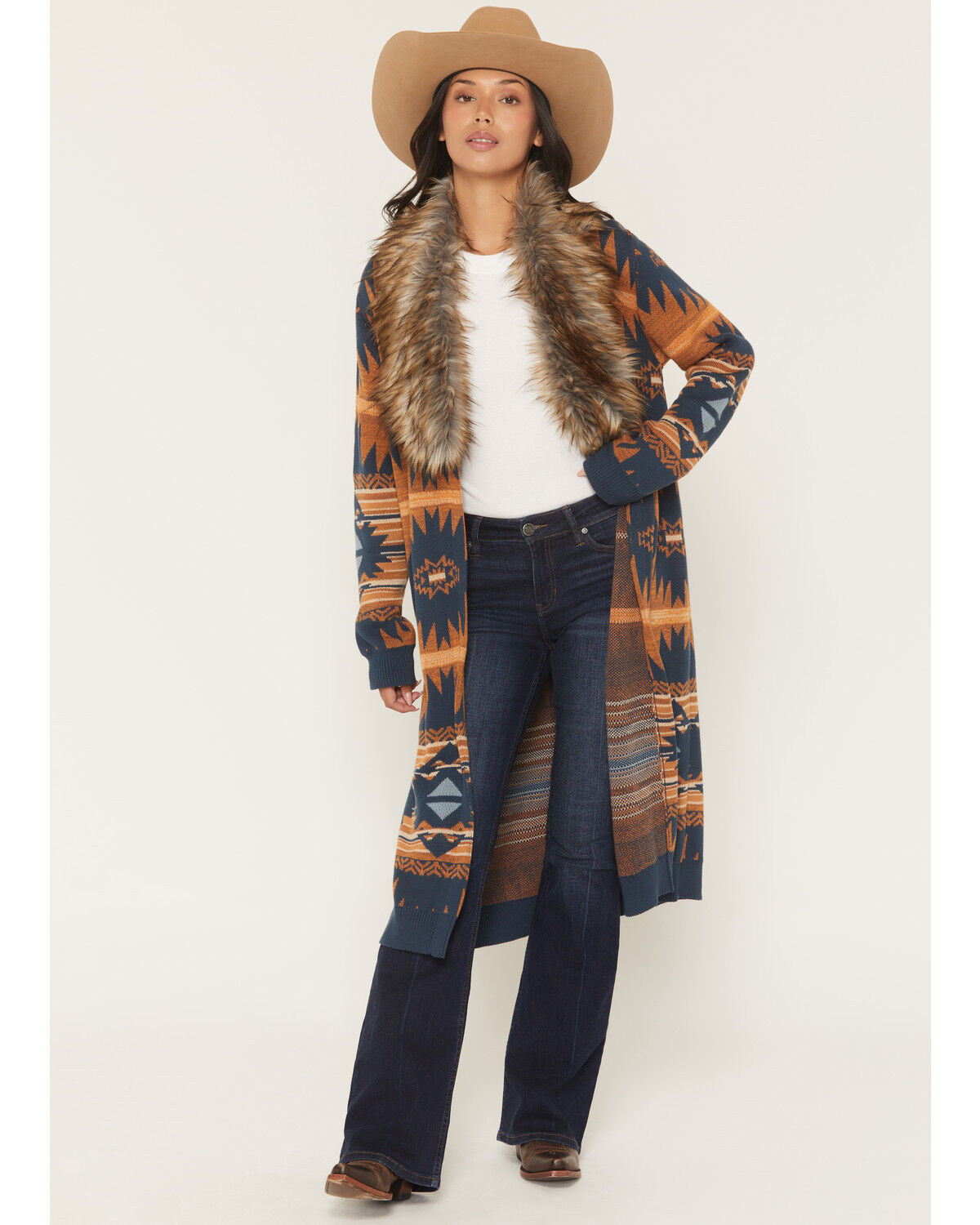 Panhandle Slim Women's Fur Southwestern Print Cardigan, Navy, hi-res
