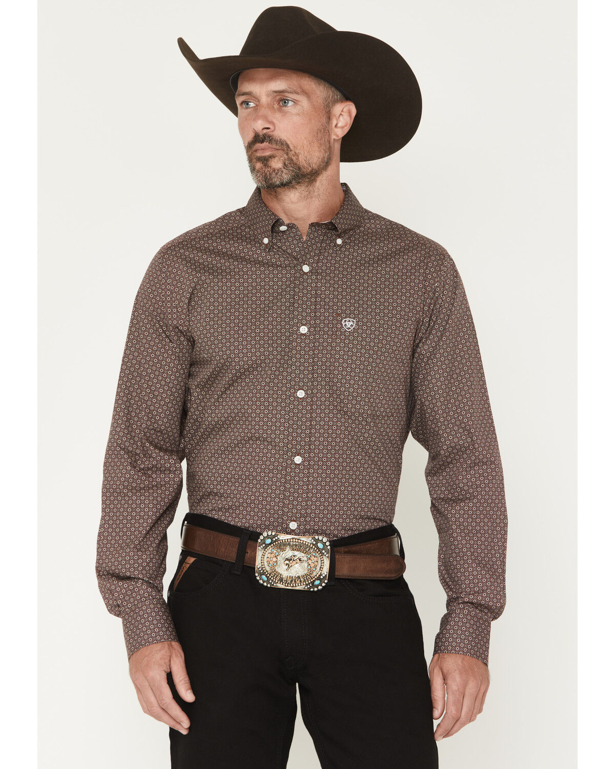 Ariat Men's Wrinkle Free Geo Print Fitted Long Sleeve Button-Down Western Shirt, Brown, hi-res