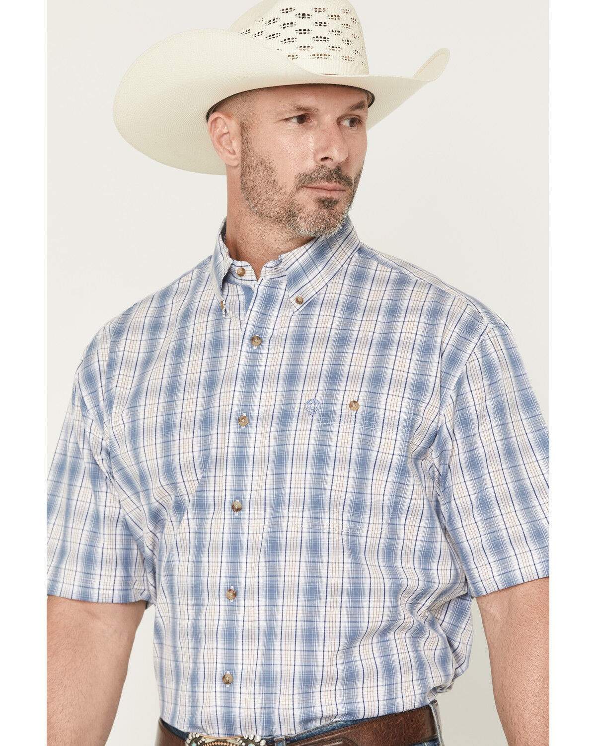 Image #2 - George Strait by Wrangler Men's Plaid Print Short Sleeve Button-Down Stretch Western Shirt, Blue, hi-res