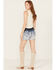 Image #3 - Grace in LA Women's Medium Wash Mid Rise Two Toned Floral Frayed Hem Denim Shorts, Blue, hi-res