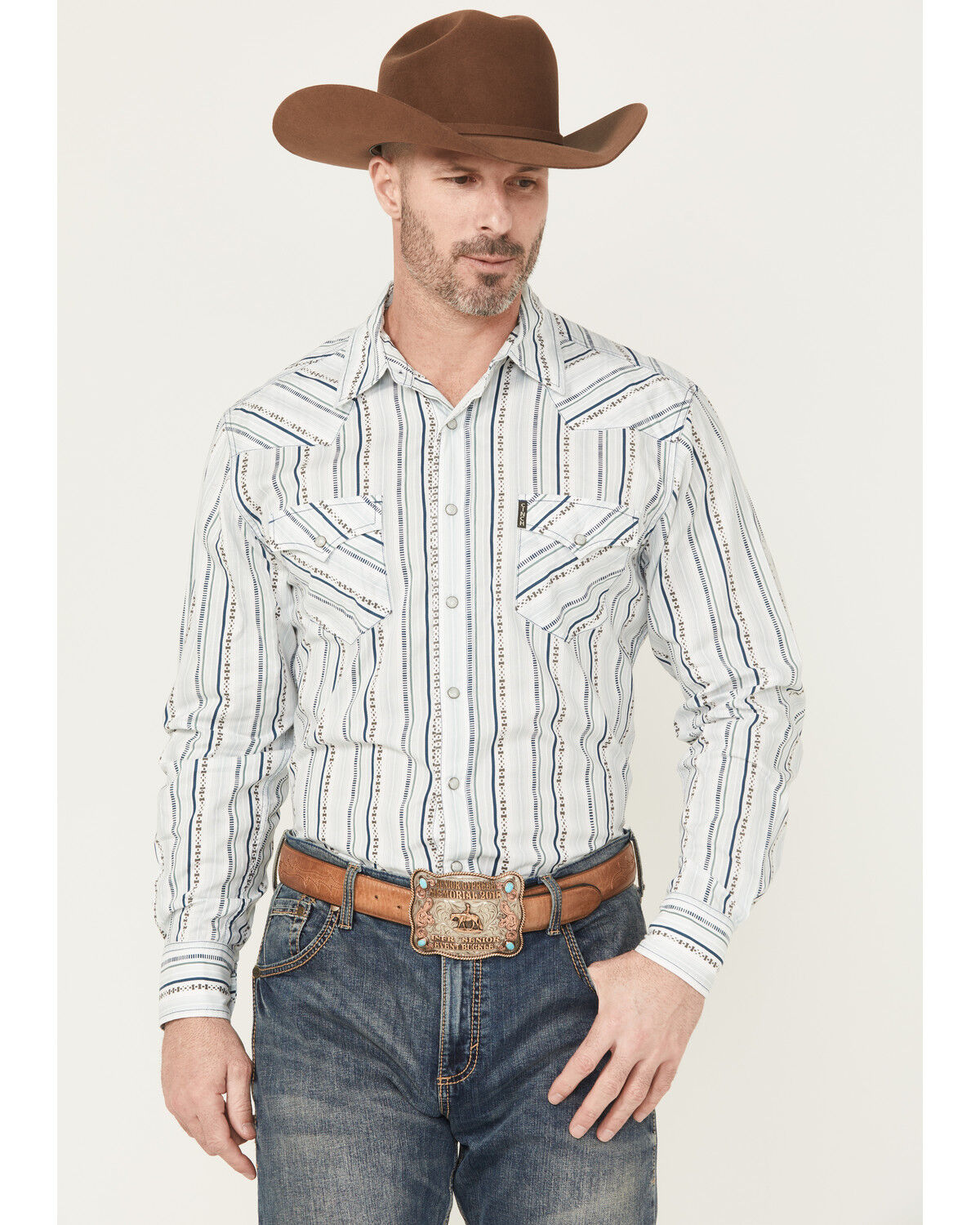 Image #1 - Cinch Men's Striped Print Modern Fit Long Sleeve Snap Western Shirt, White, hi-res
