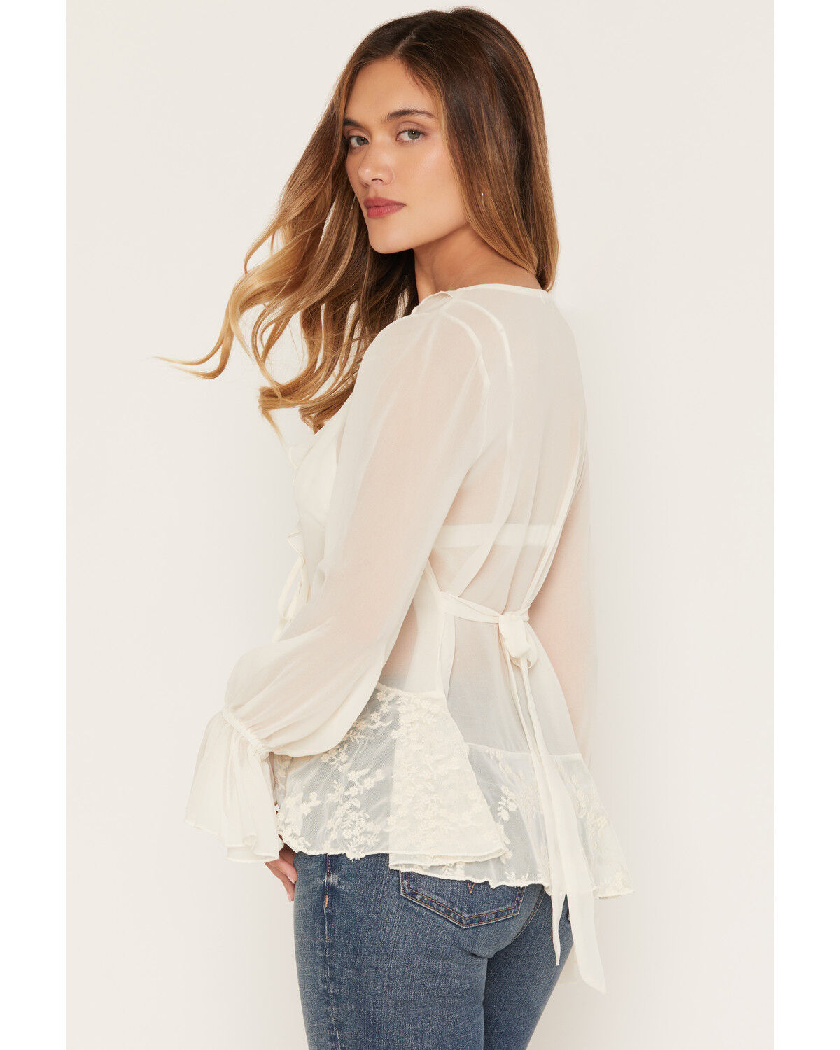 Image #4 - Wild Moss Women's Lace Sheer Long Sleeve Tie-Front Shirt, Ivory, hi-res