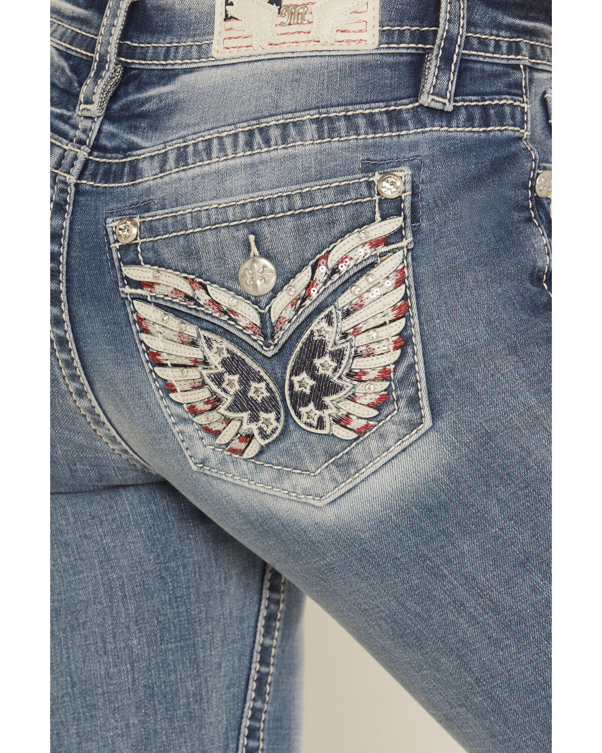 Image #2 - Miss Me Women's Medium Wash Mid Rise Americana Pocket 32" Bootcut Stretch Denim Jeans, Medium Wash, hi-res