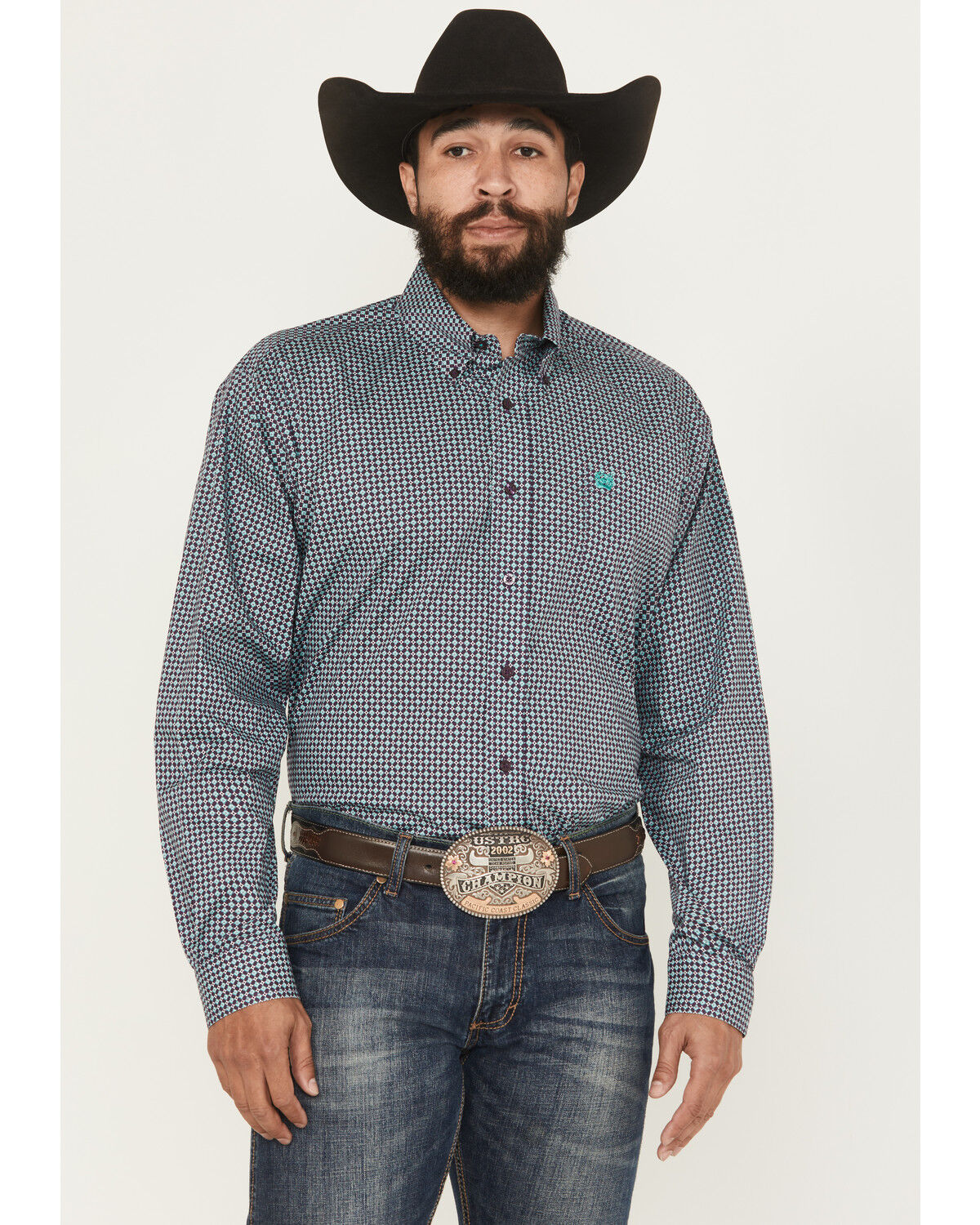 Cinch Men's Floral Geo Print Long Sleeve Button-Down Stretch Western Shirt, Purple, hi-res