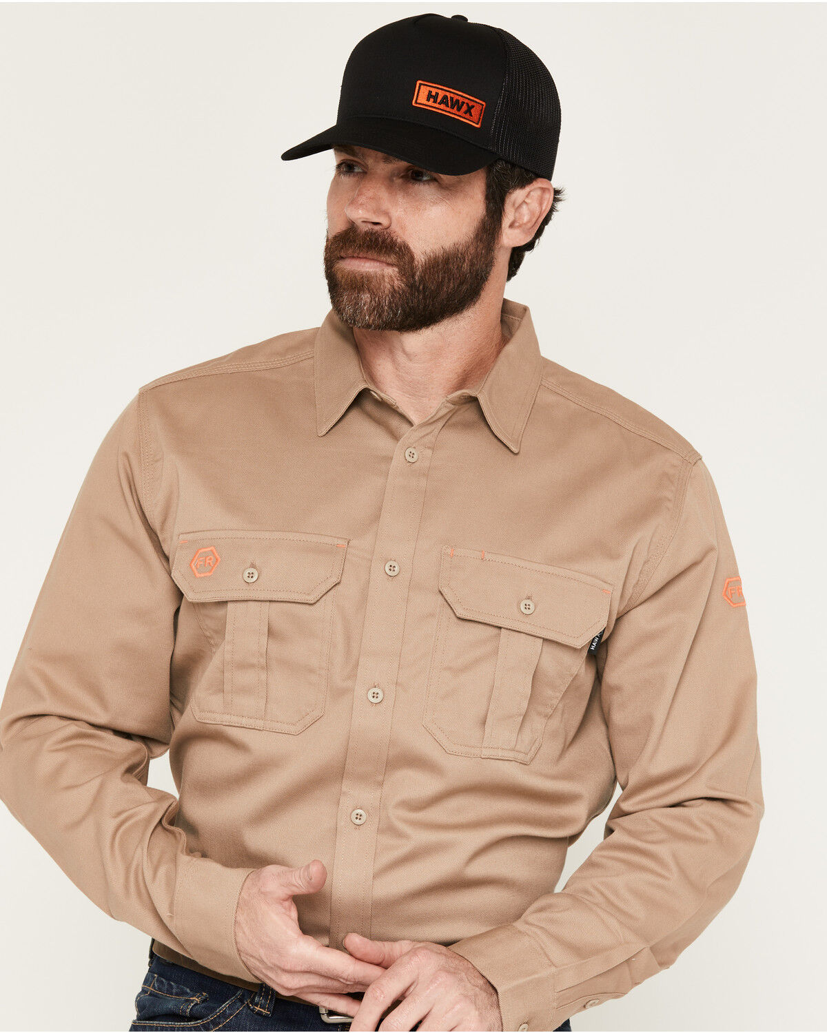 Hawx Men's FR Woven Long Sleeve Button-Down Work Shirt, Khaki, hi-res