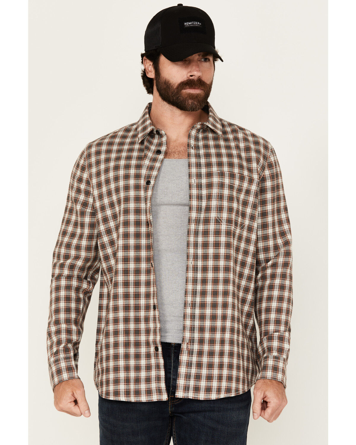 Image #1 - Brothers and Sons Men's Keystone Plaid Print Long Sleeve Button-Down Stretch Western Shirt, Natural, hi-res