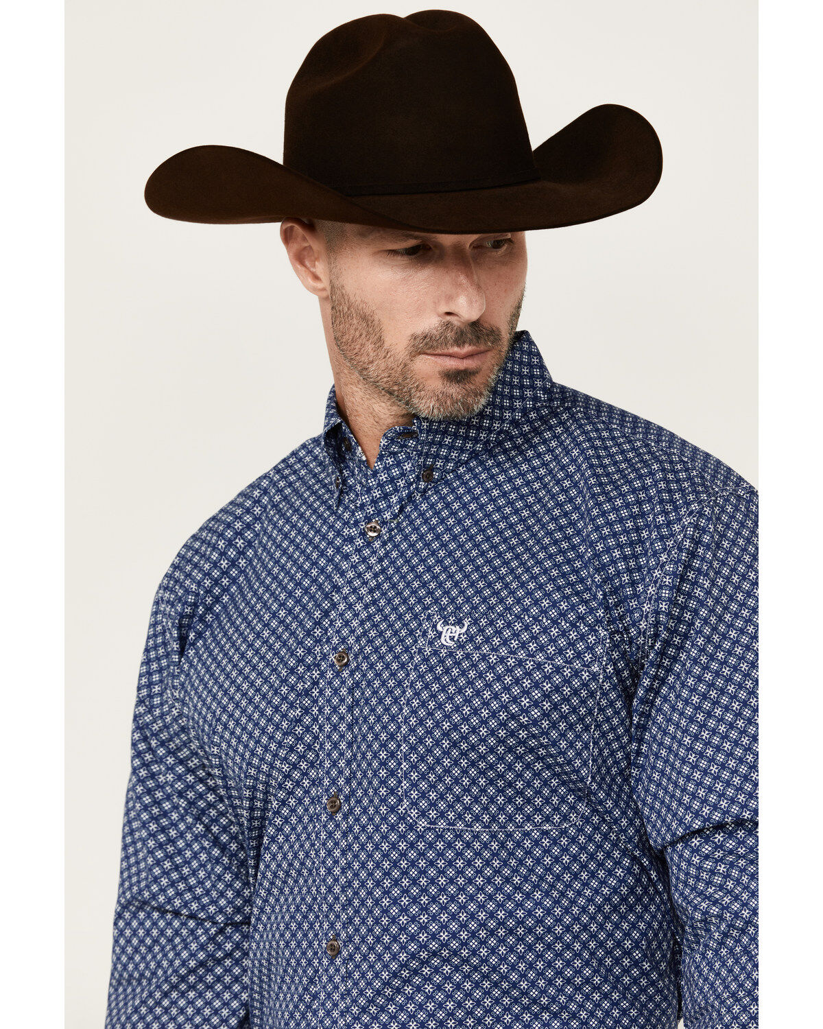 Image #2 - Cowboy Hardware Men's Cross Floral Print Long Sleeve Button-Down Stretch Western Shirt, Navy, hi-res