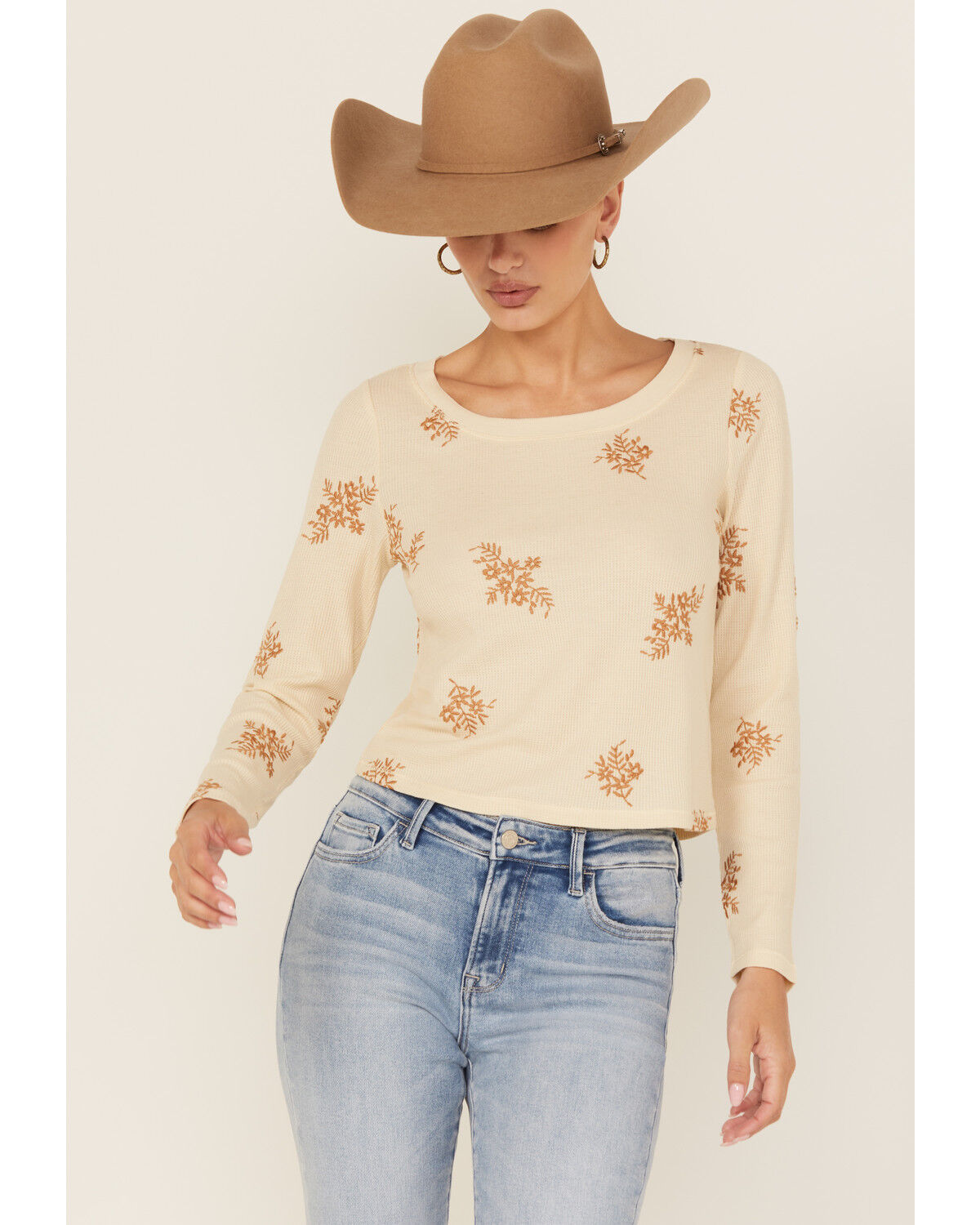 Cleo + Wolf Women's Calvin Floral Embroidered Long Sleeve Thermal Shirt, Oatmeal, hi-res
