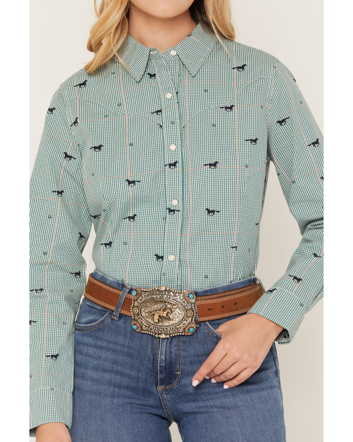 Image #3 - Wrangler Retro Women's Running Horse Plaid Print Long Sleeve Snap Western Shirt, Green, hi-res
