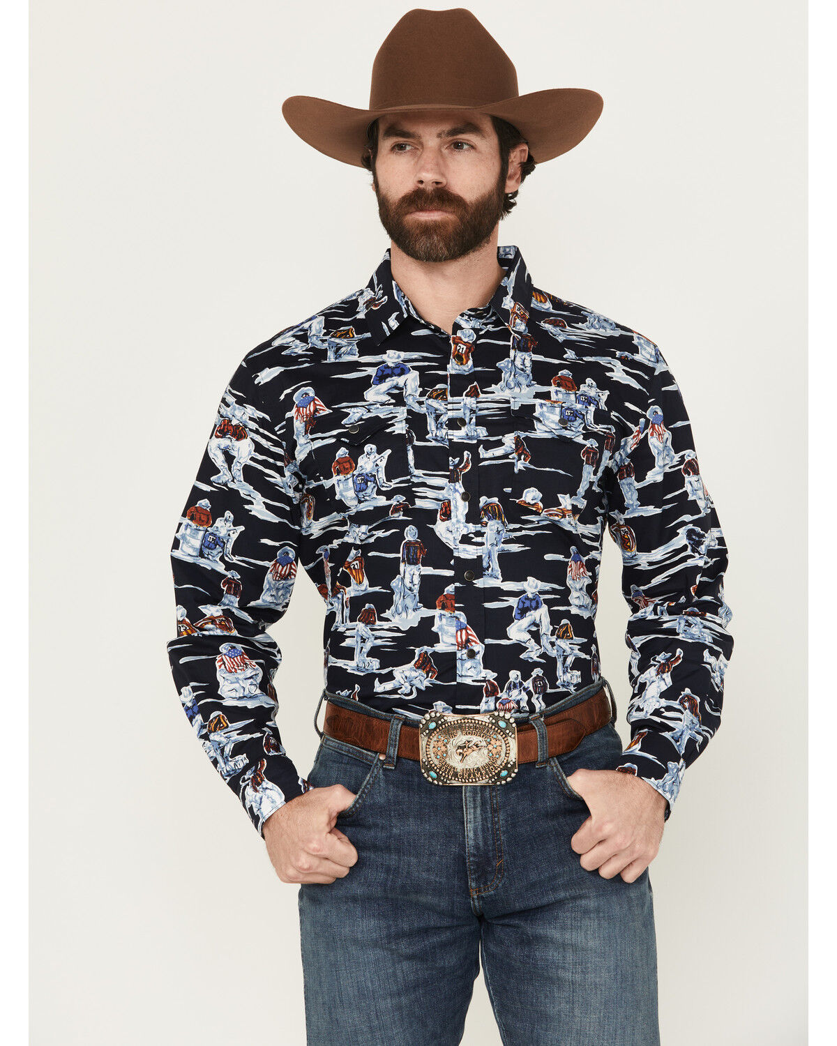 Panhandle Men's Vintage Patriotic Cowboy Long Sleeve Snap Western Shirt, Black, hi-res