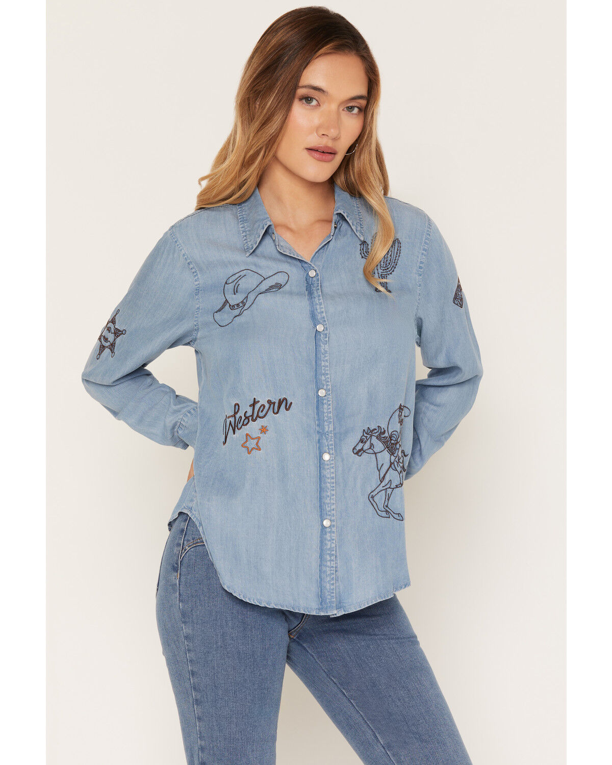 Image #1 - Blue B Women's Light Wash Western Embroidered Long Sleeve Pearl Snap Shirt, Light Wash, hi-res