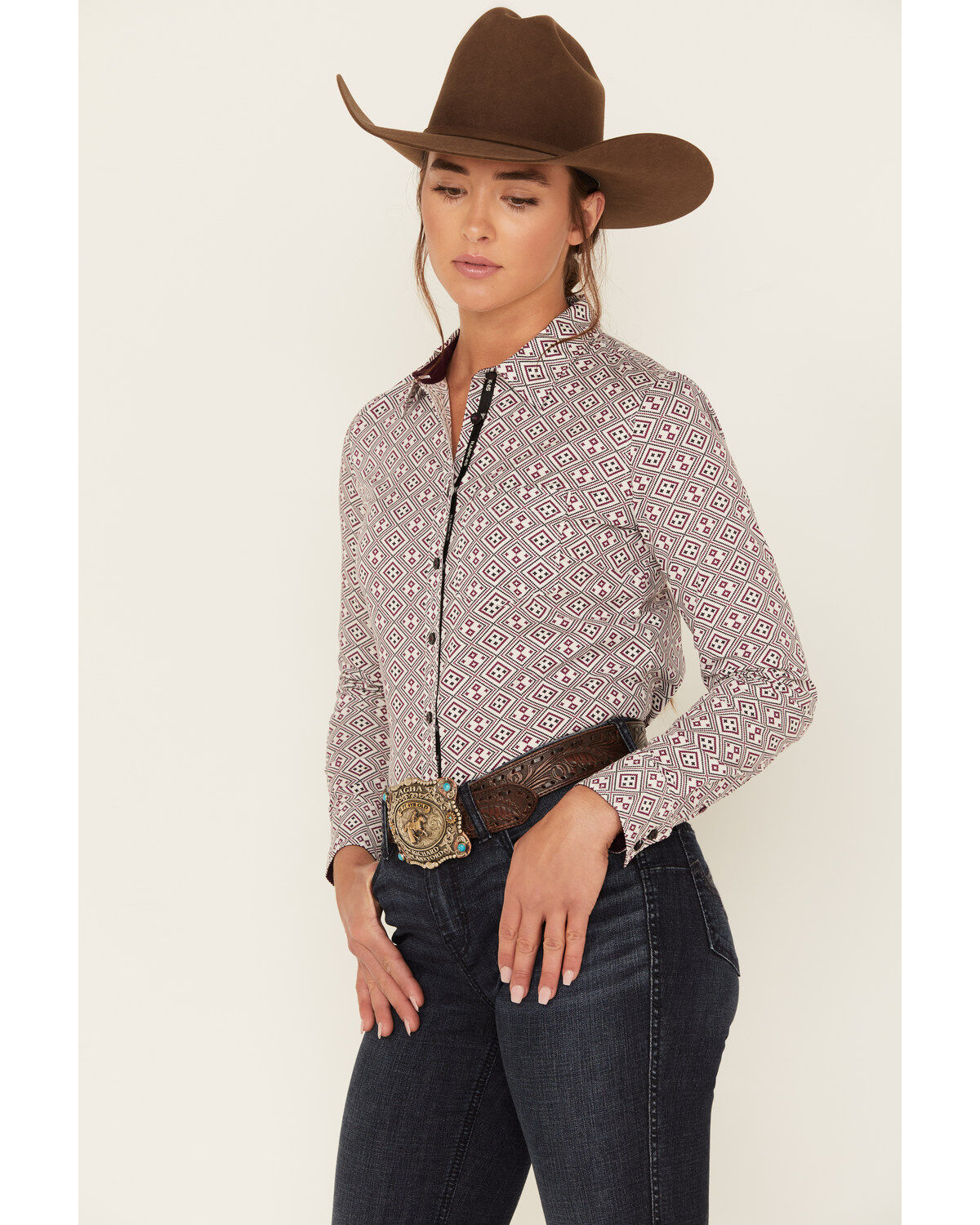 Image #2 - RANK 45&reg; Women's Geo Print Long Sleeve Button-Down Stretch Riding Shirt, Ivory, hi-res