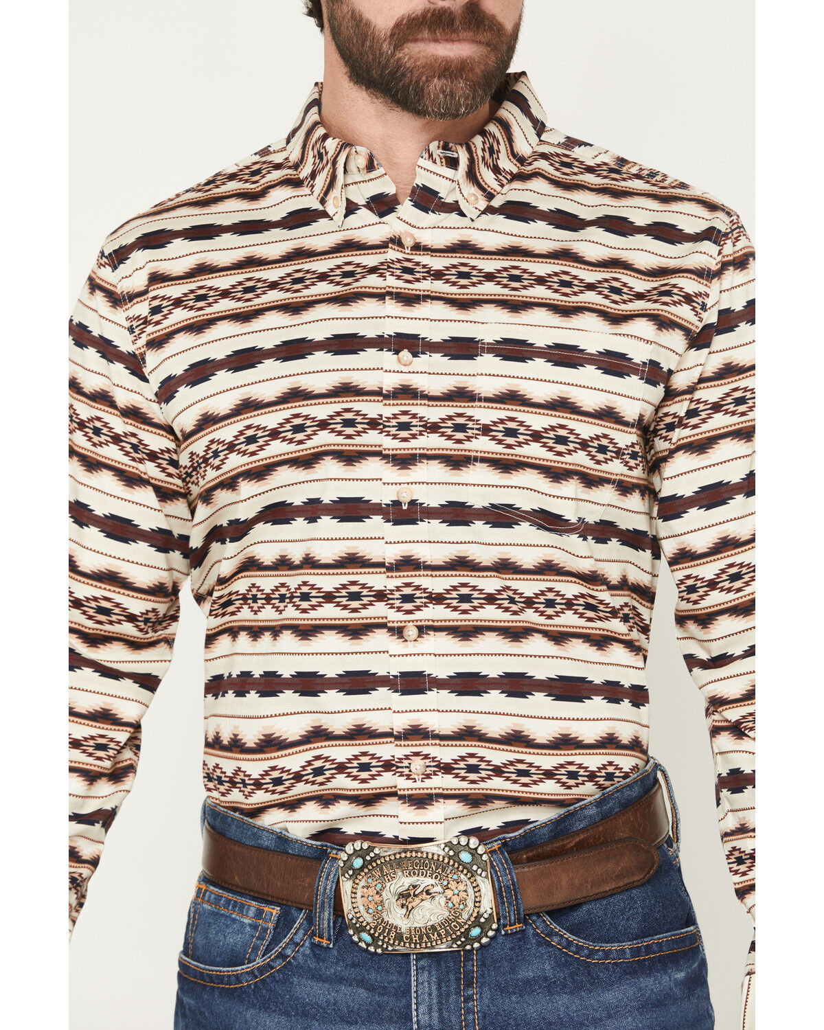 Image #3 - Cody James Men's Maverick Southwestern Print Long Sleeve Button-Down Stretch Western Shirt, Cream, hi-res