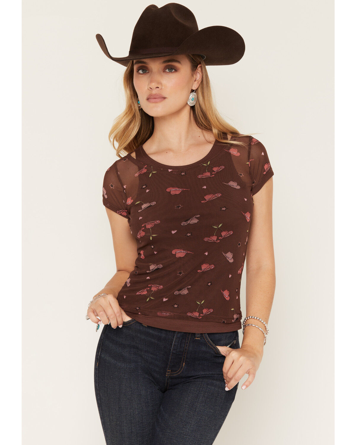 Image #1 - Wild Moss Women's Hat Print Mesh Short Sleeve Shirt, Brown, hi-res