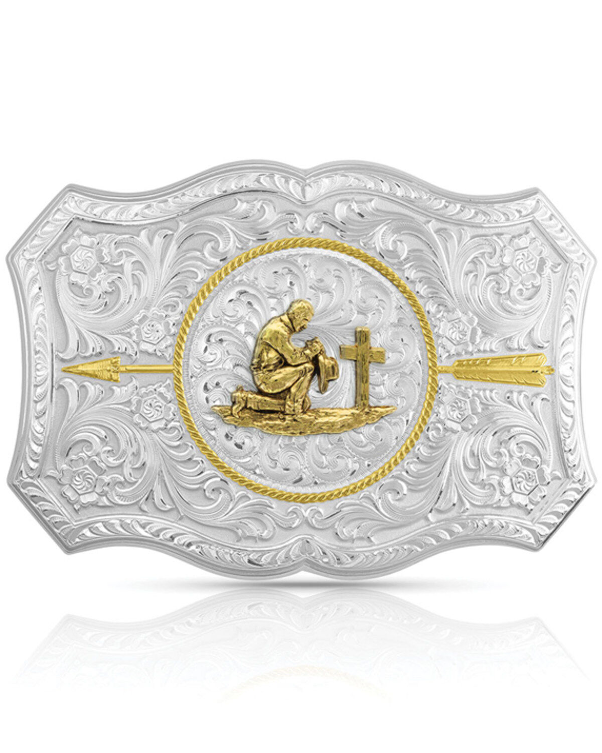 Montana Silversmiths Men's Your Arrow Buckle With Praying Cowboy, Silver, hi-res