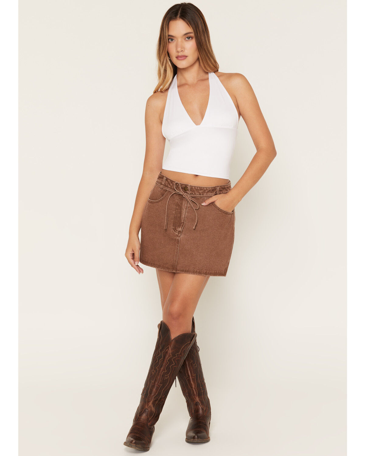 Ashley Women's Boot Barn Exclusive Washed Denim Tie-Front Mini Skirt, Lt Brown, hi-res