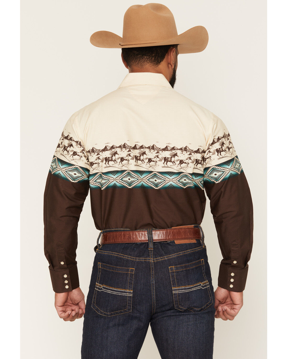 Image #4 - Panhandle Slim Men's Southwestern Horse Border Print Long Sleeve Pearl Snap Western Shirt, Brown, hi-res