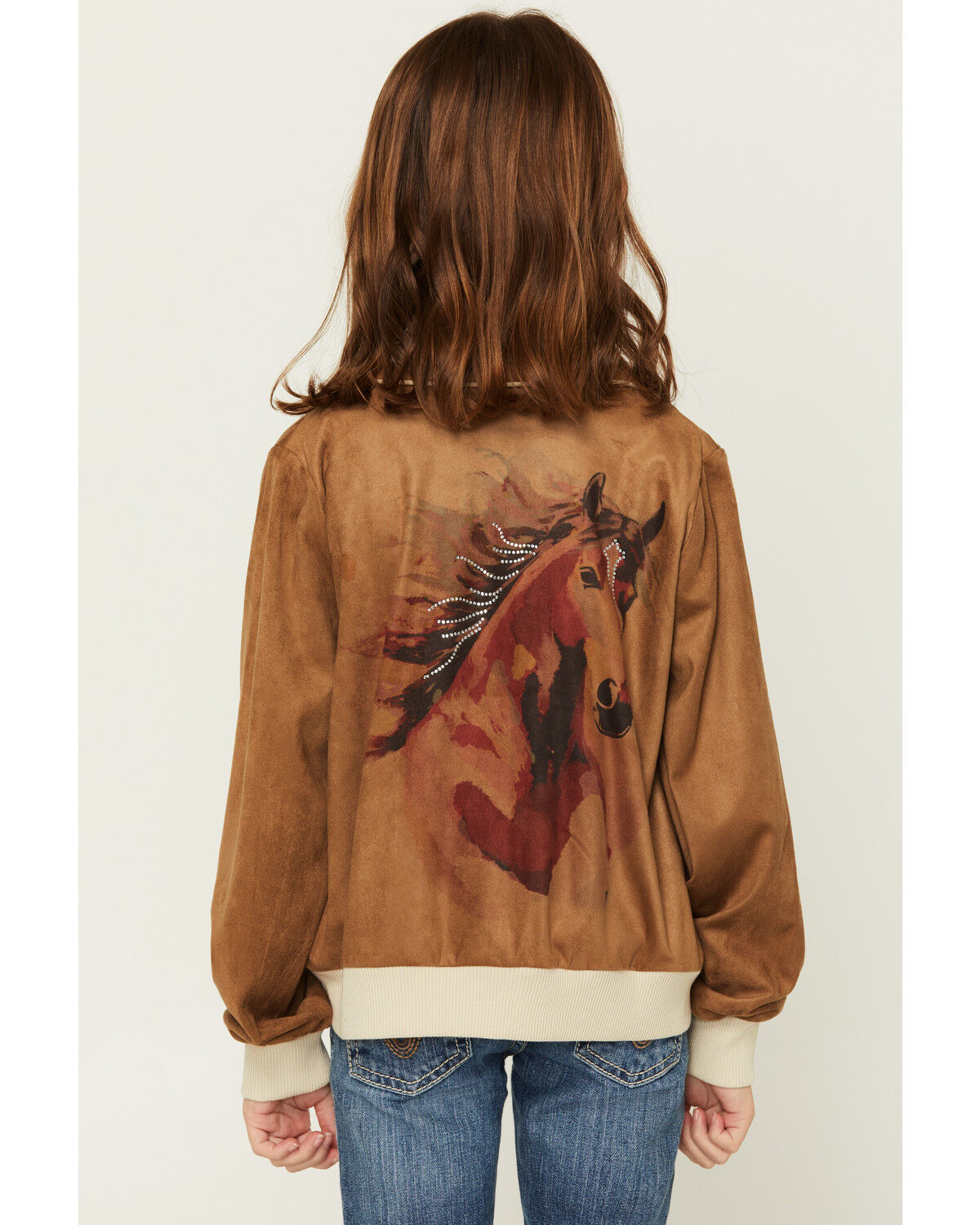 Shyanne Girls' Studded Faux Suede Horse Button-Down Jacket, Coffee, hi-res