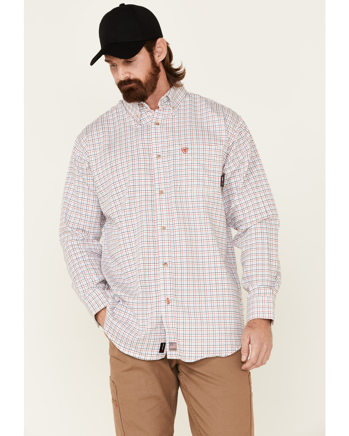 Ariat Men's FR Tattersall Plaid Print Long Sleeve Button-Down Work Shirt - Tall, White, hi-res