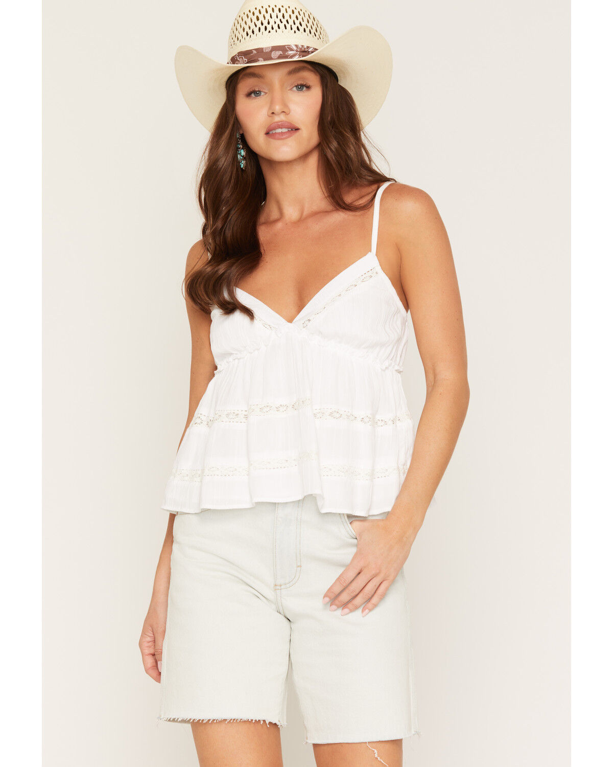 Image #1 - Angie Women's Sleeveless Lace Trim Tiered Cami, White, hi-res
