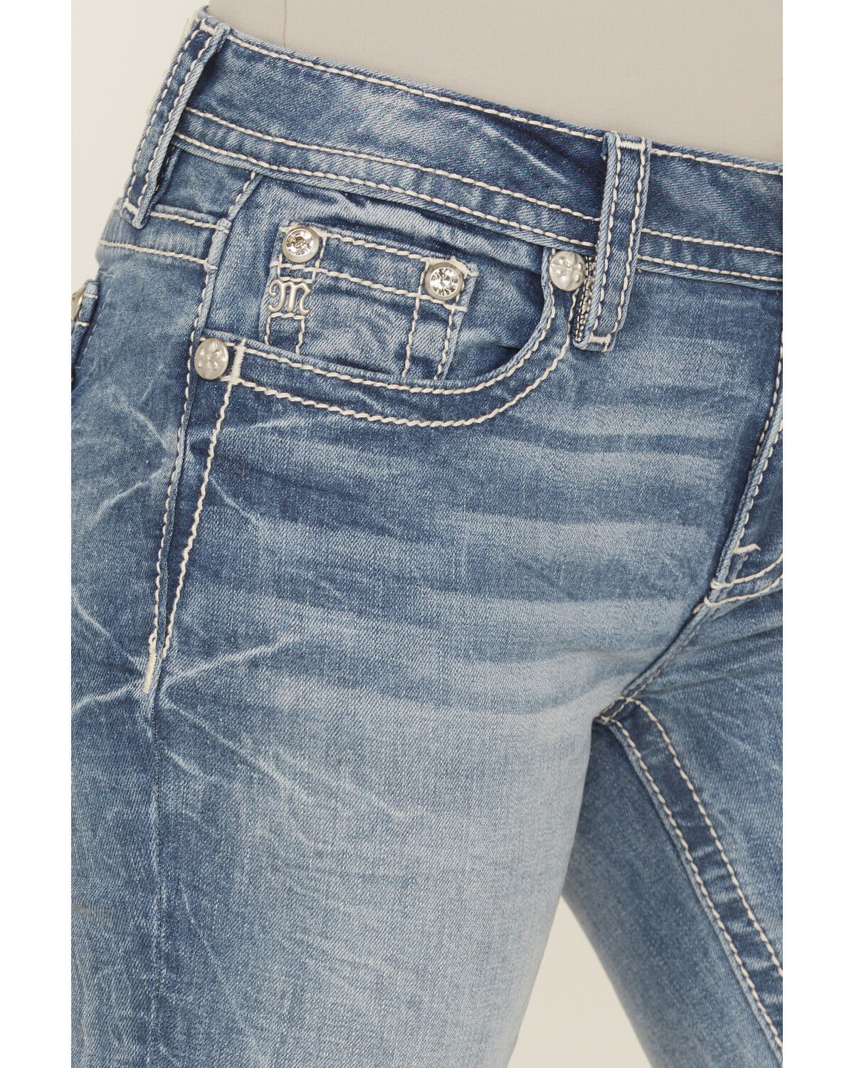 Image #4 - Miss Me Women's Medium Wash Mid Rise 34" Bootcut Stretch Denim Jeans, Medium Wash, hi-res