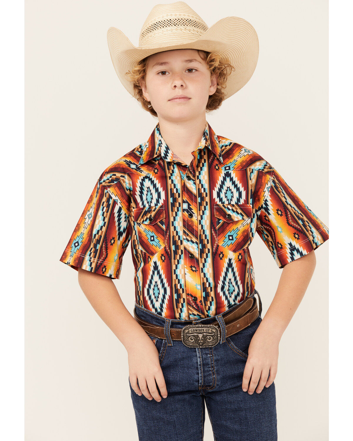 Rock & Roll Denim Boys' Southwestern Print Short Sleeve Snap Stretch Western Shirt, Red, hi-res