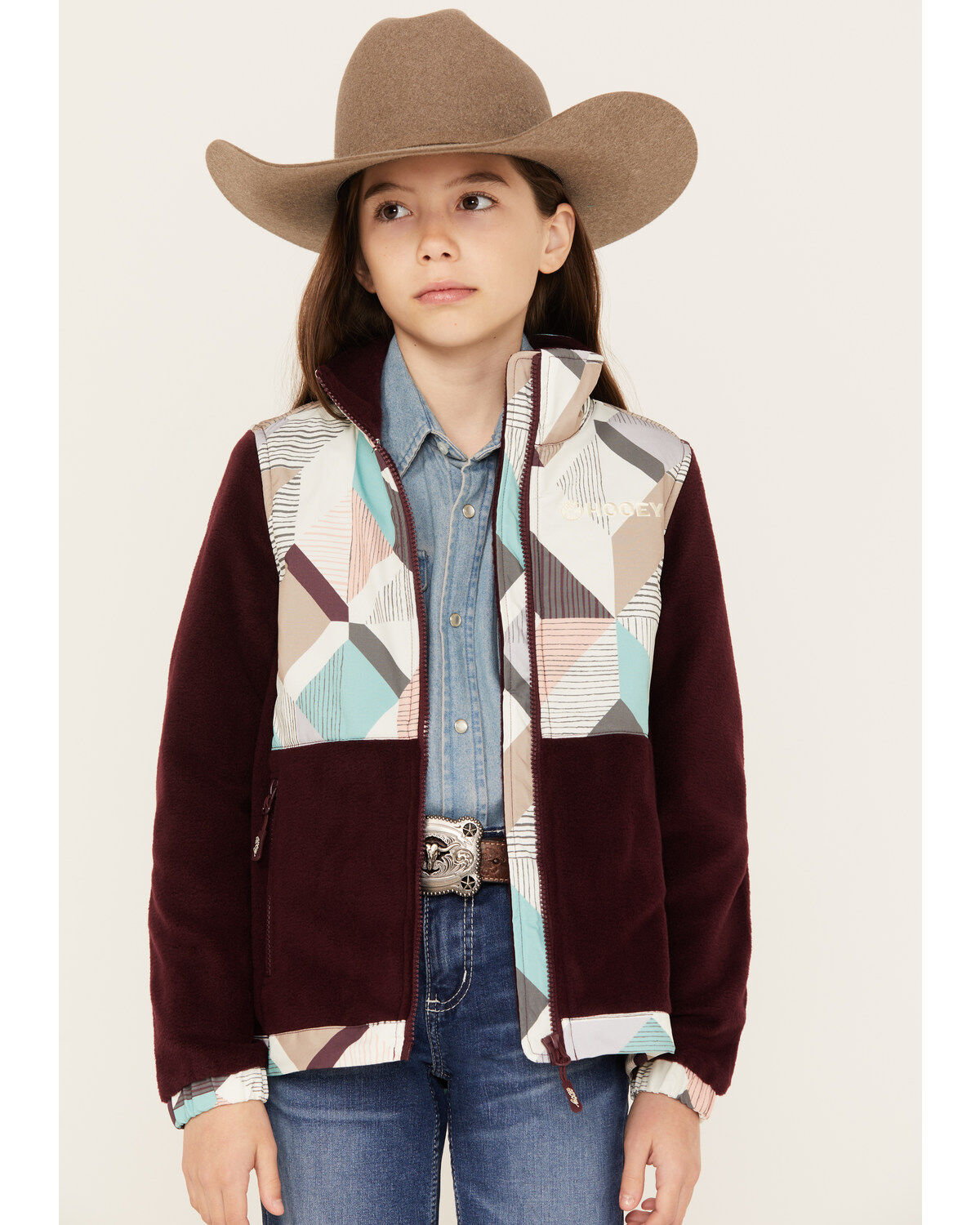 Hooey Girls' Geo Print Color Block Softshell Jacket, Burgundy, hi-res
