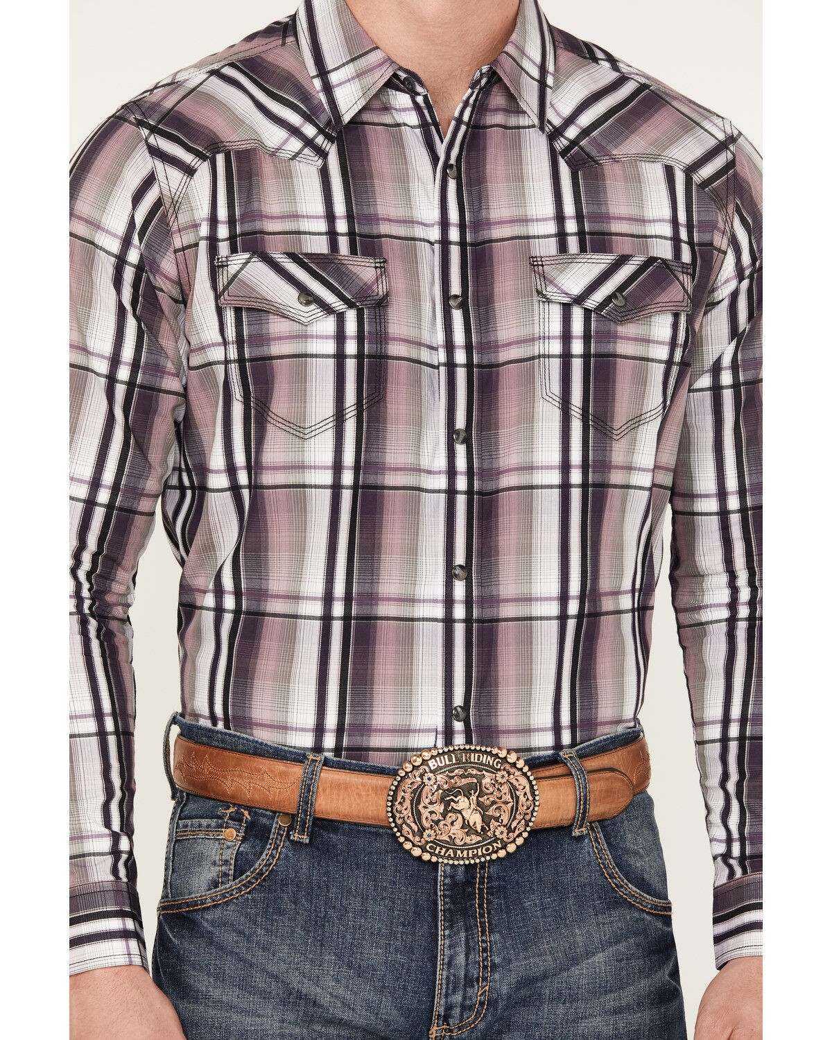 Image #3 - Moonshine Spirit&reg; Men's Back Stage Plaid Print Long Sleeve Snap Western Shirt, Purple, hi-res