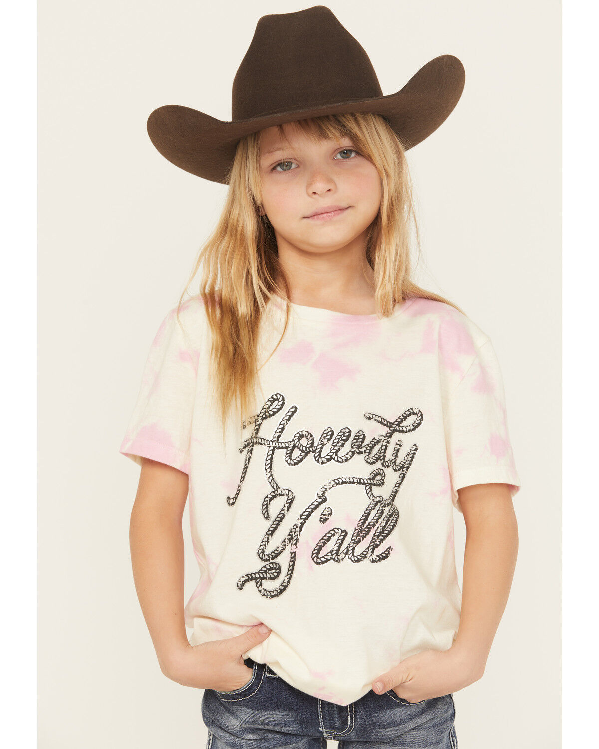 Rock & Roll Denim Girls' Howdy Y'all Short Sleeve Graphic Tee, Ivory, hi-res