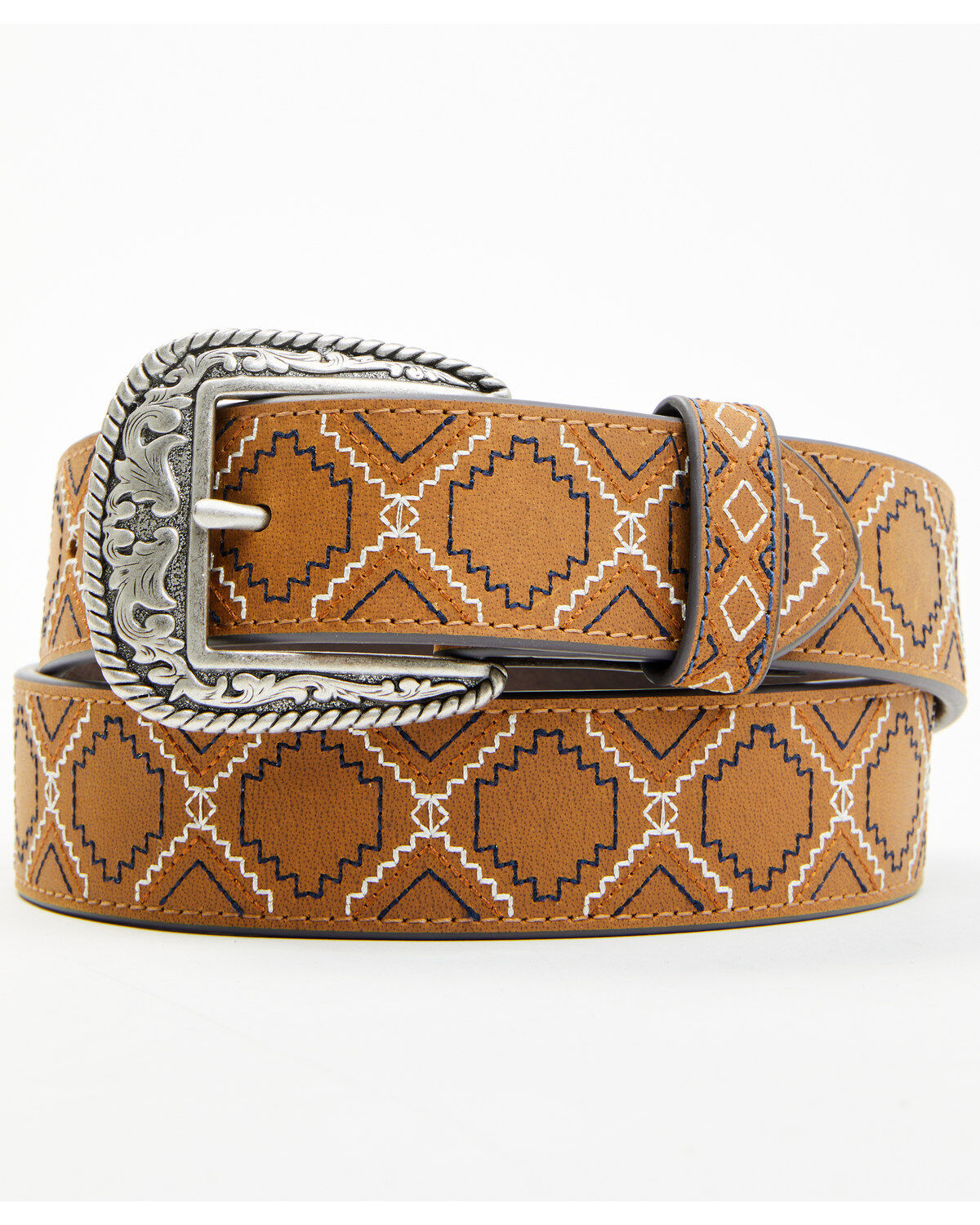 Image #1 - RANK 45&reg; Men's Emmett Southwestern Stitched Leather Belt, Brown, hi-res