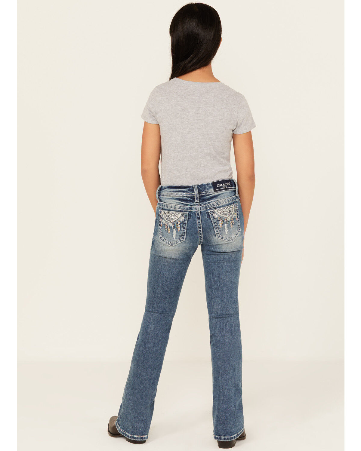 Grace In LA Girls' Medium Wash Dreamcatcher Bootcut Stretch Denim Jeans, Blue, hi-res