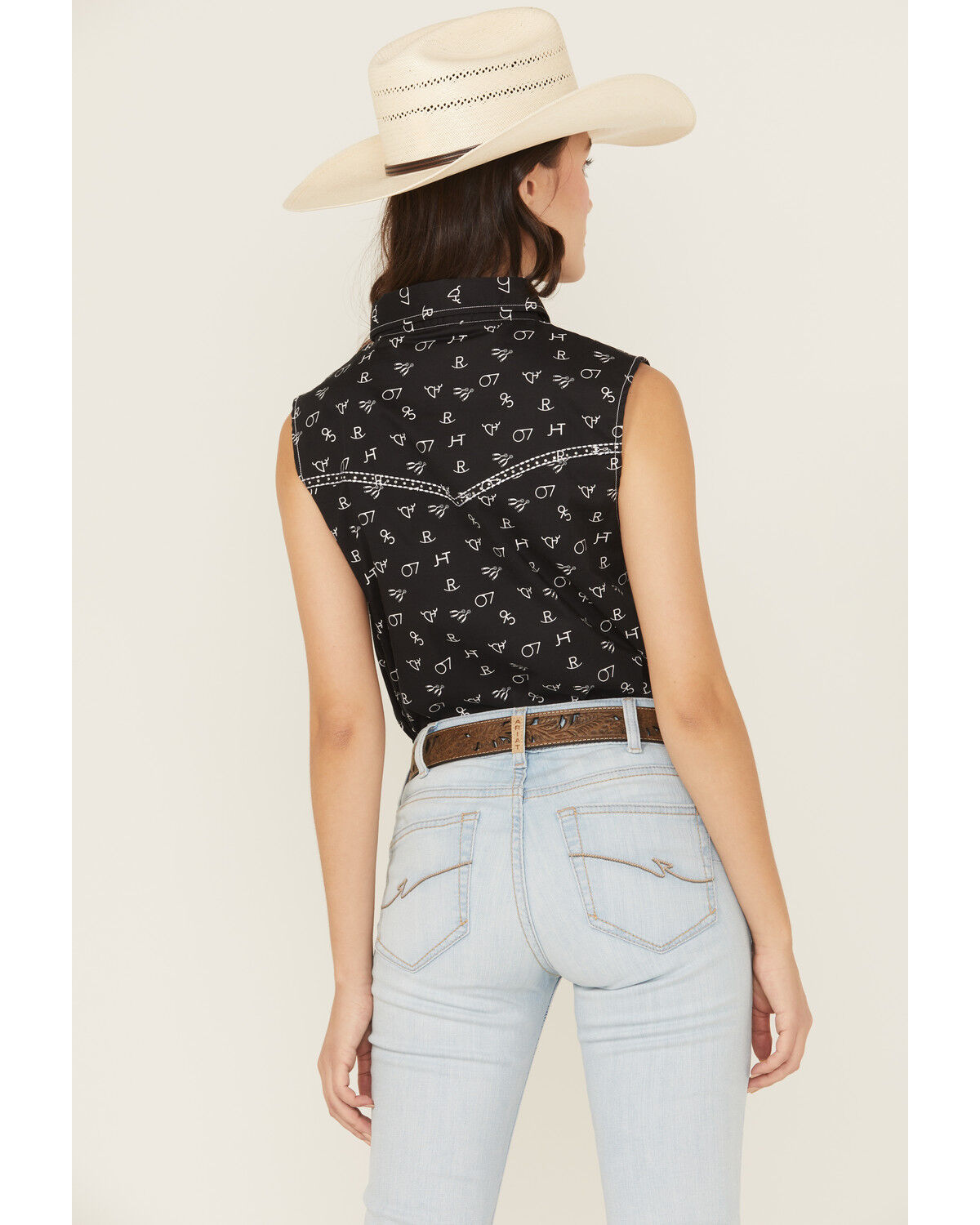 Image #4 - Cowgirl Hardware Women's Branded Print Sleeveless Rhinestone Snap Stretch Western Shirt, , hi-res