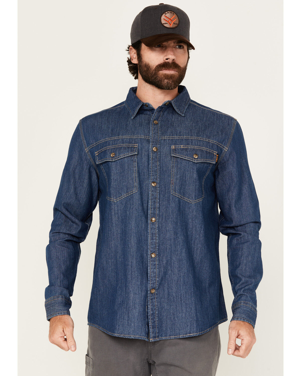 Hawx Men's Core Long Sleeve Snap Denim Work Shirt, Indigo, hi-res