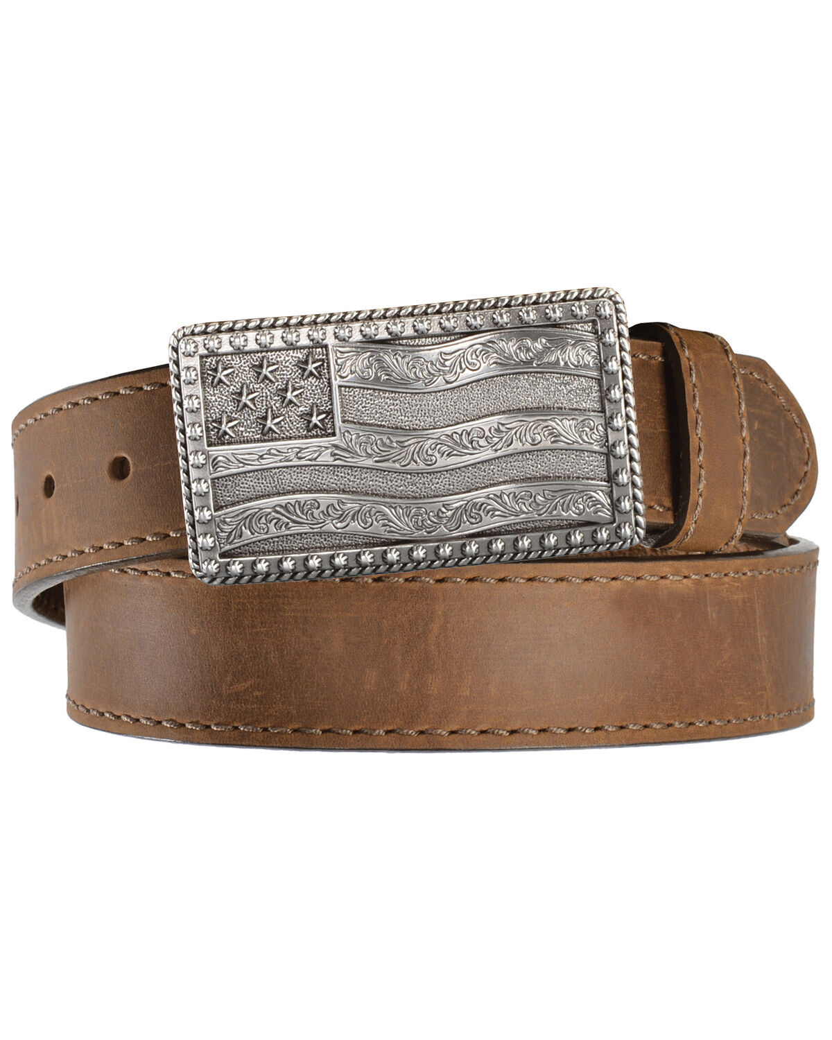 Image #1 - Justin Men's Flying High Leather Belt with Flag Buckle, Brown, hi-res