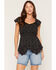 Image #1 - Angie Women's Polka Dot Lace Trim Hanky Hem Short Sleeve Top, Black, hi-res