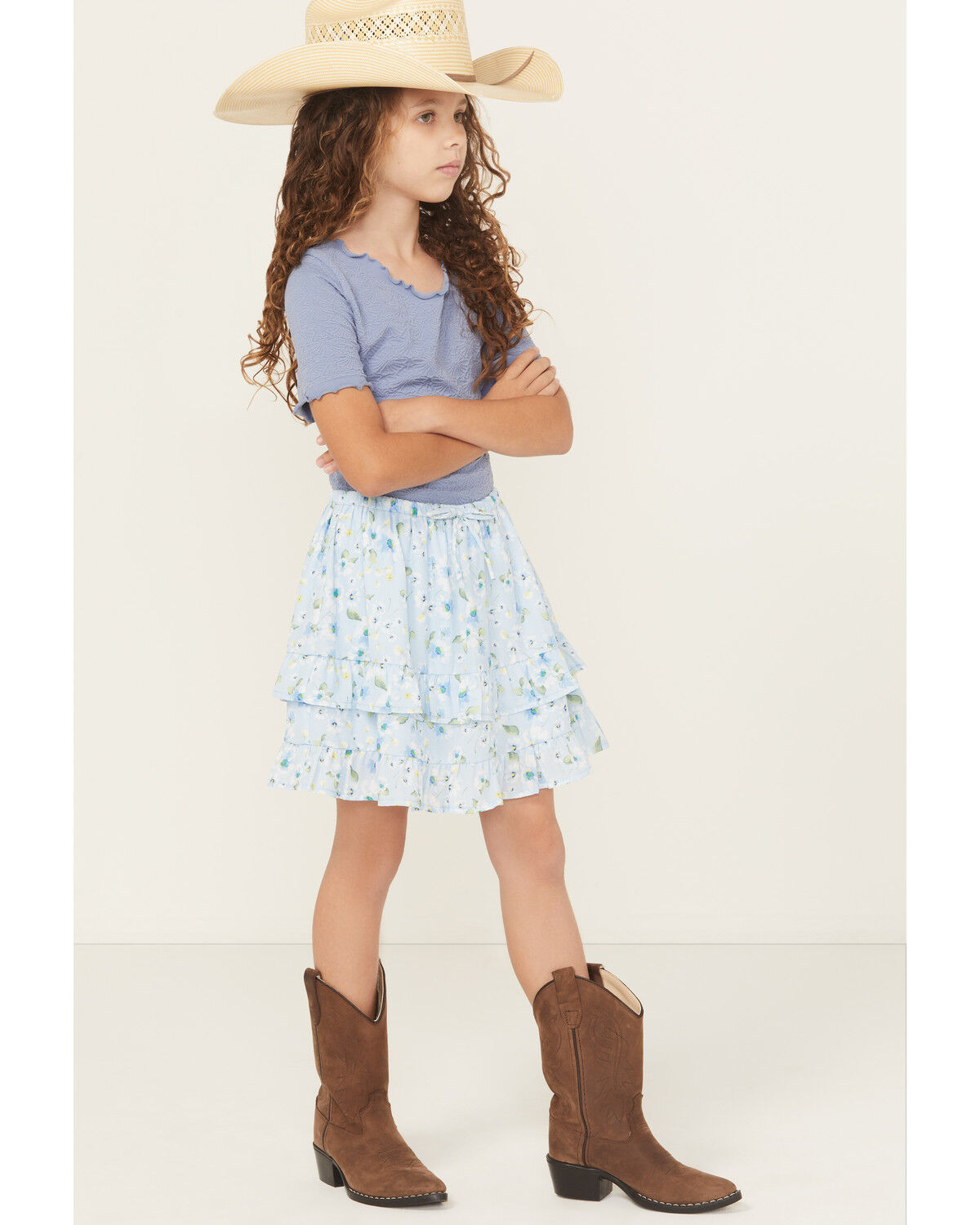 Trixxi Girls' Floral Print Ruffle Skirt, Blue, hi-res