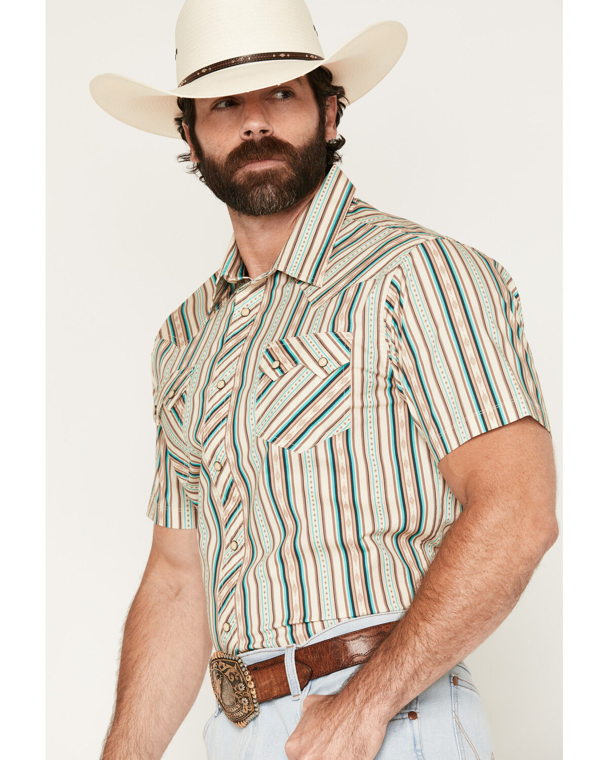 Image #2 - Rock & Roll Denim Men's Striped Short Sleeve Snap Stretch Western Shirt, Teal, hi-res